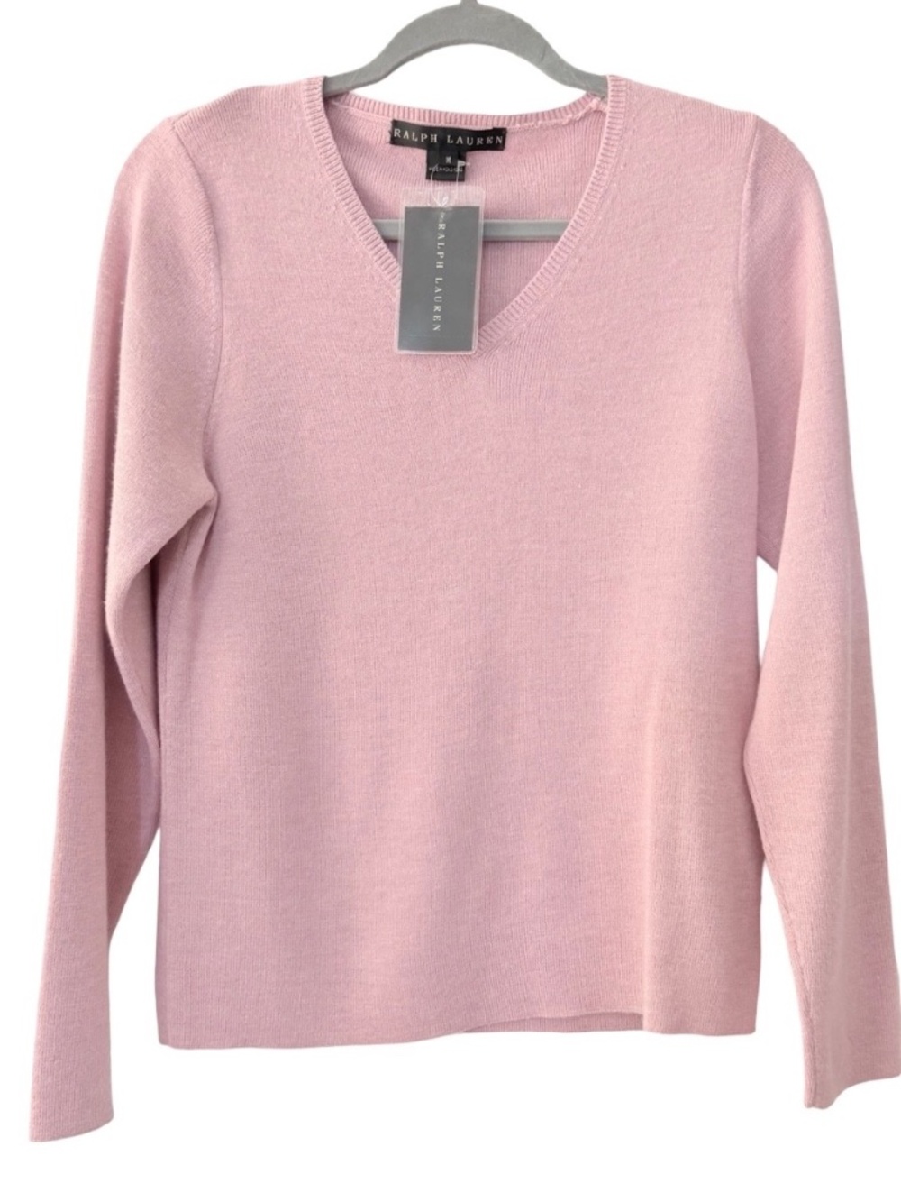 NEW Ralph Lauren 100% Cashmere Knit V Neck Sweater Pink Long Sleeve Medium NWT